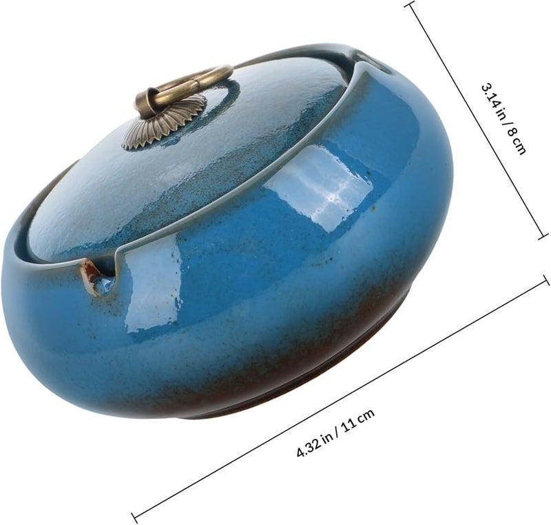 منفضة سجائر خزفية بغطاء مقاوم للرياح كبيرة زرقاء بدون دخان لمكتب المنزل أو الفناء - Image 2